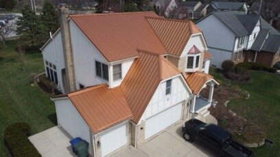 Aerial view of a copper-colored standing-seam roof in Central Ohio